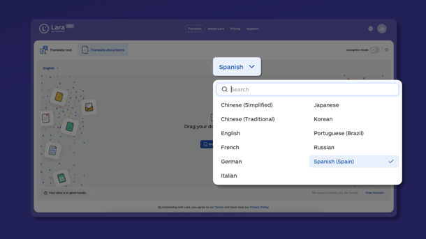 How to select a language for Word document translation using Lara Translate