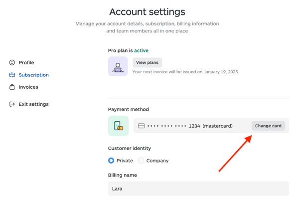 Lara change or update payment method