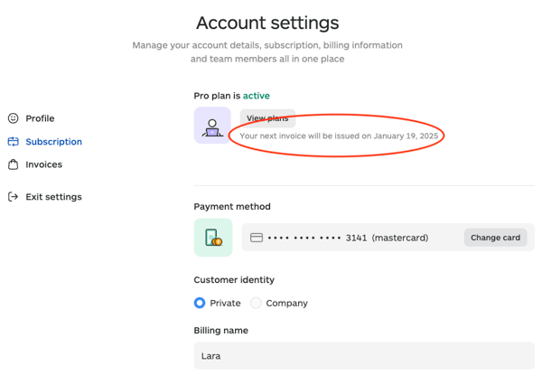 Lara subscription billing period