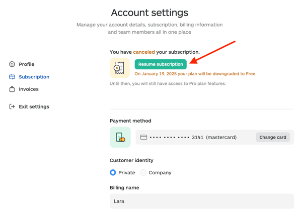 Lara resume subscription