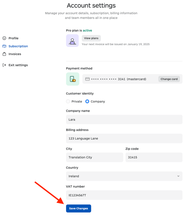 Add or update the VAT ID to the billing data in Lara