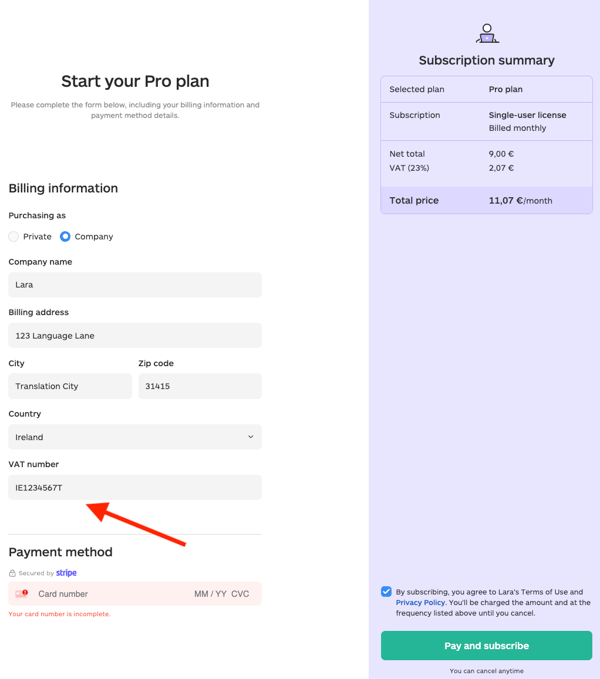Adding VAT ID while upgrading to Lara